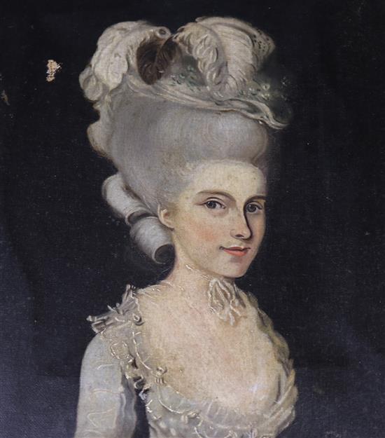 19th century English School, oil on canvas, portrait of an 18th century lady, 35 x 30cm, unframed